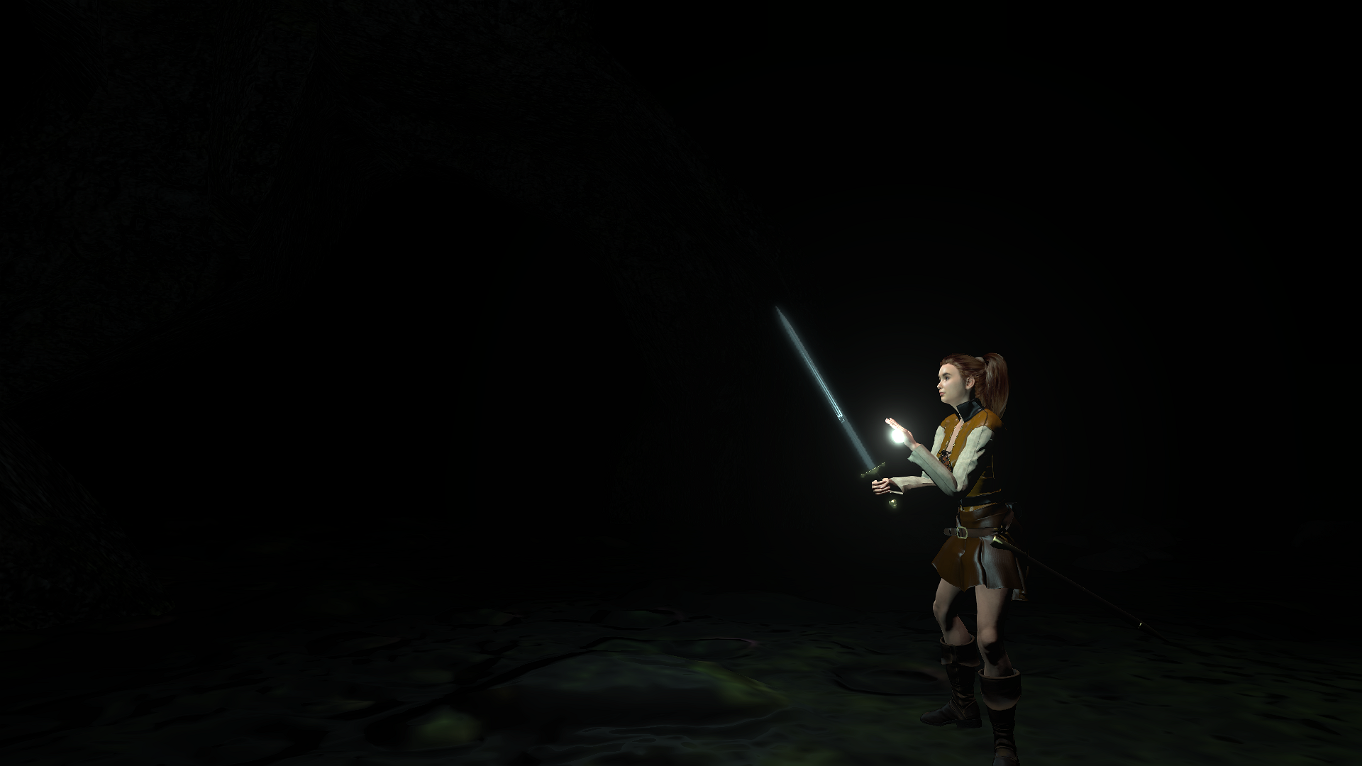 Valla in a dark cave, holding a sword, with a glowing energy in the palm of her hand