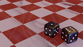 3D designed dice on a checkerboard